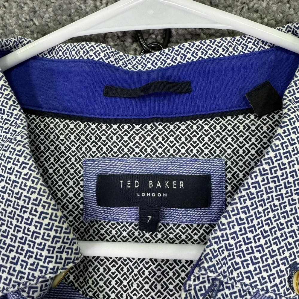 Ted Baker Polo Shirt Mens 7 Blue Striped Contrast Collar Pocket Casual Summer